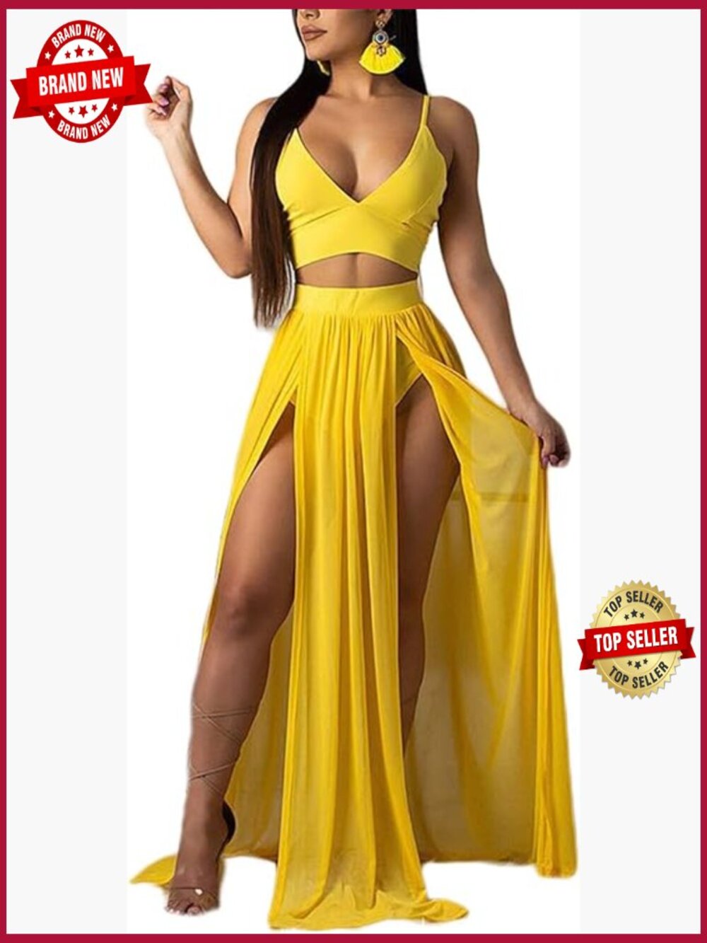 Sexy 2 Piece Outfit Chiffon Crop Top High Split Maxi Skirt Set